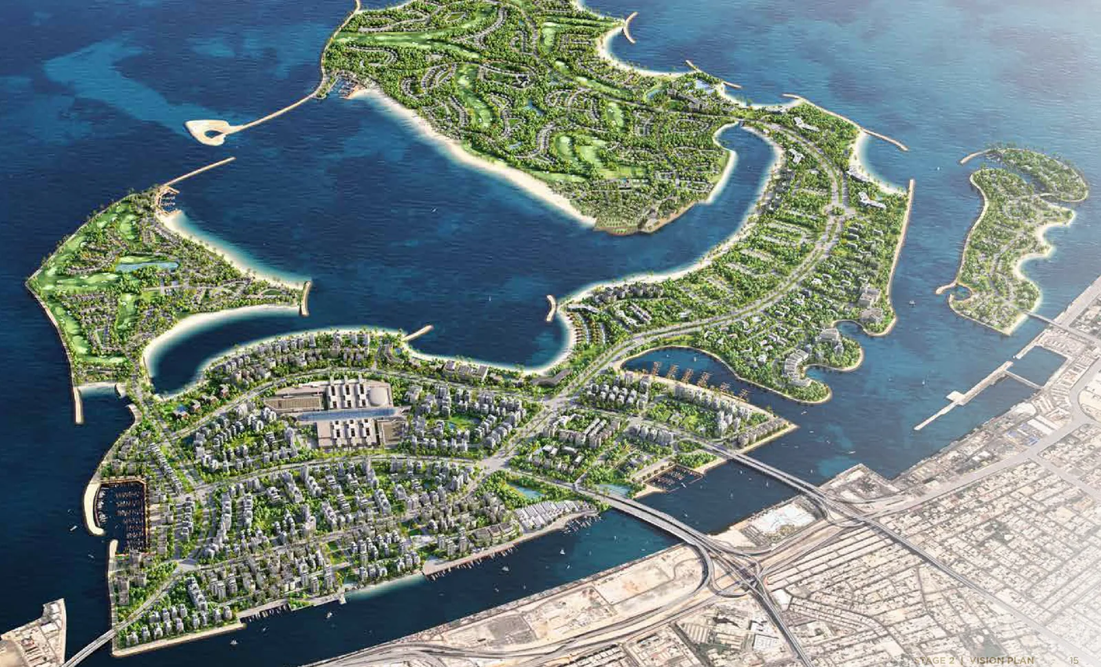 Aerial visualisation of Dubai Islands from the south-east: the five islands, the channels between them and the link to the Deira shore