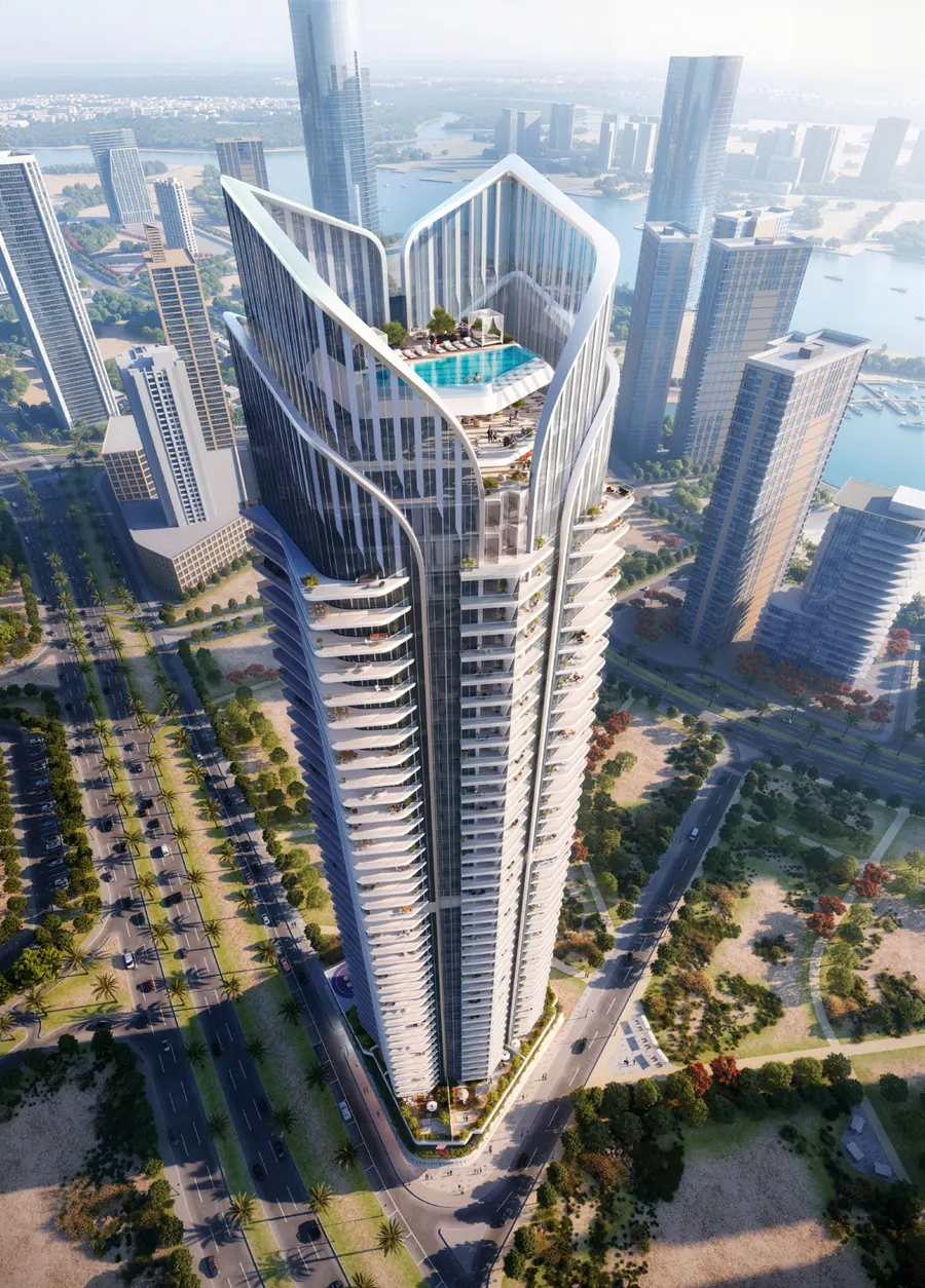 Joud Residence — the tower from above, looking out over the canal