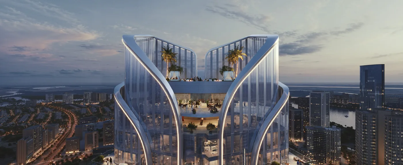 Joud Residence — the rooftop level and the pool at dusk