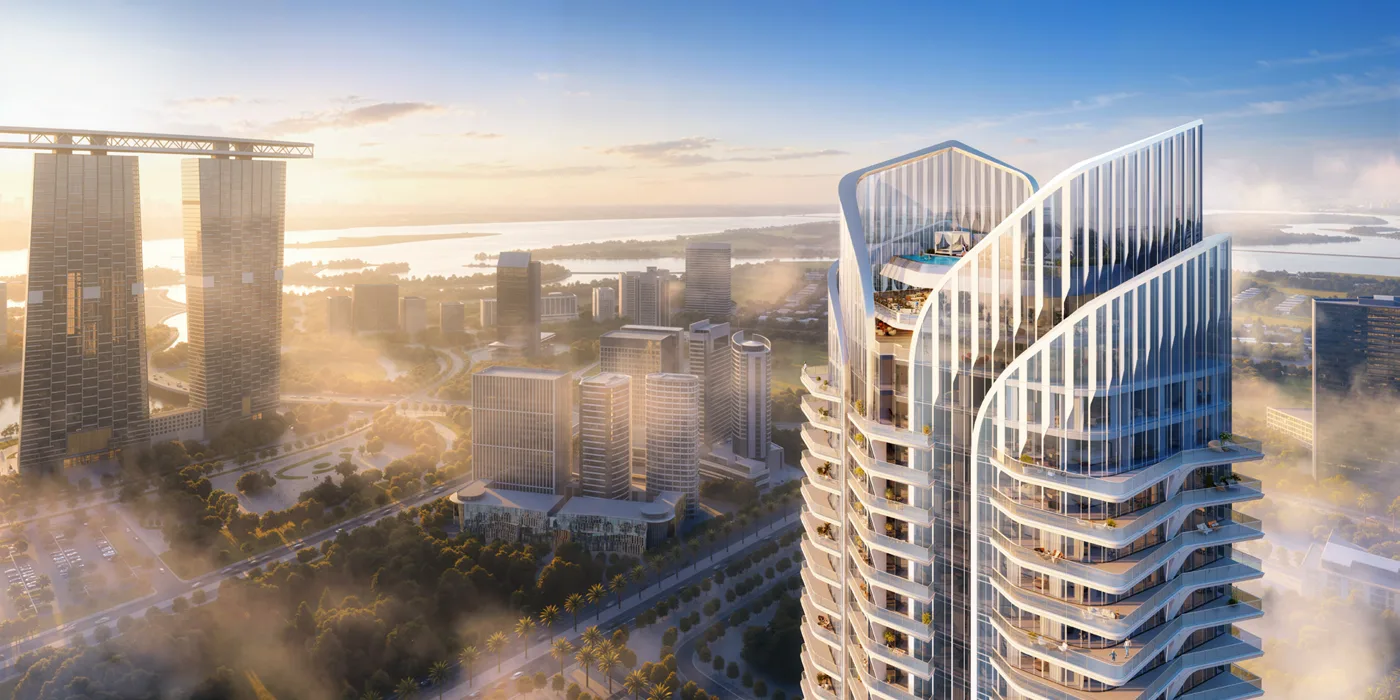 Joud Residence — the tower and the island skyline at dawn