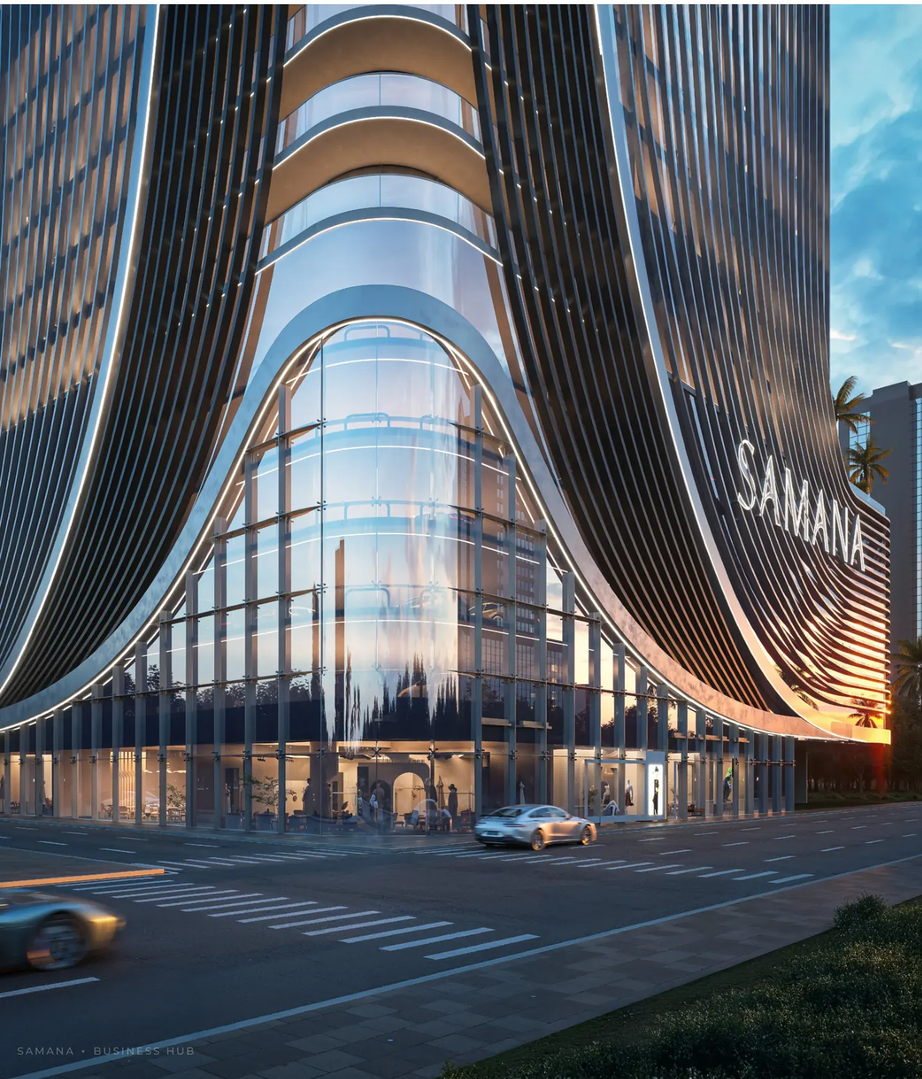 SAMANA Business Hub — the curved façade at the entrance