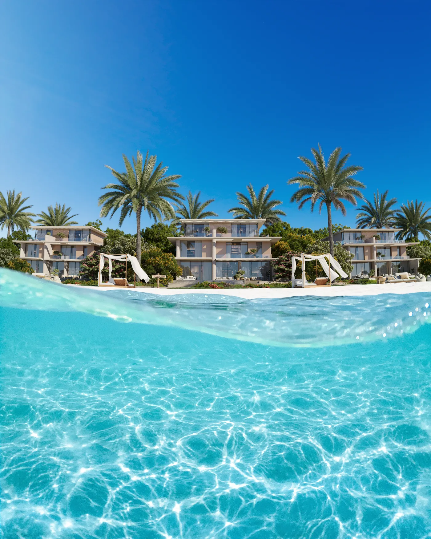 Villas on the lagoon edge, seen from water level
