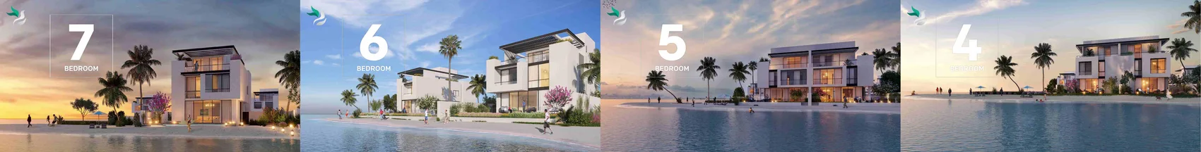 The island's villa lines, from the developer's materials — from 4 to 7 bedrooms