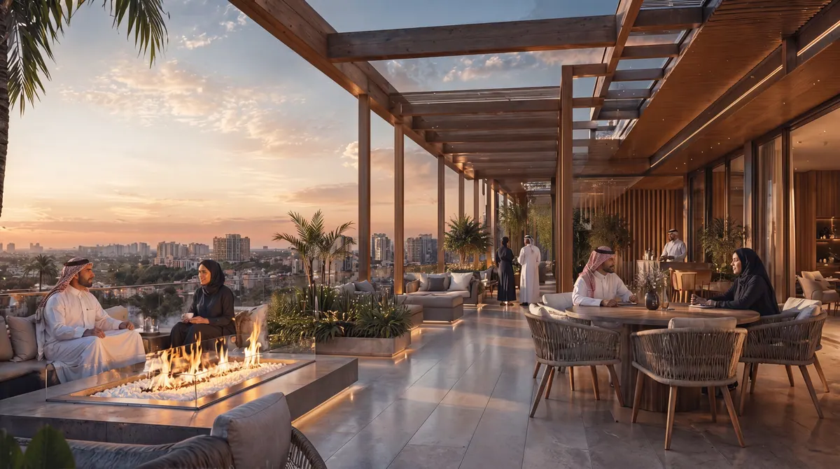 Rooftop-Lounge und Gemeinschaftsterrasse der Padel Living Residences, Dschidda