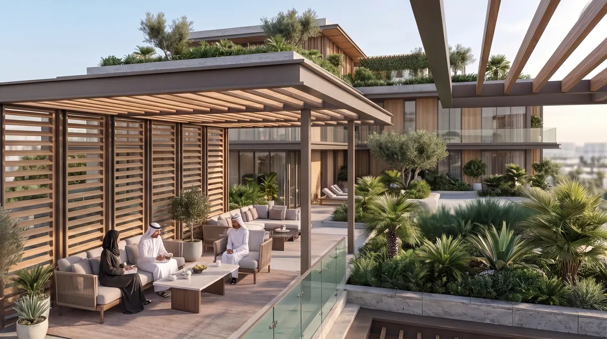 Dachterrasse in der Abenddämmerung, Padel Living Residences von DarGlobal