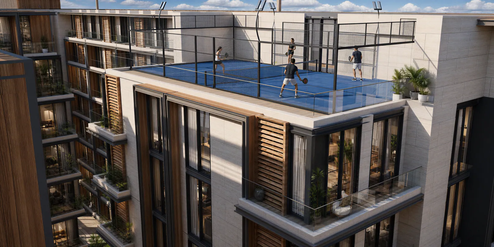 Rooftop-Padel-Court in den Padel Living Residences von DarGlobal, Dschidda — Blick auf den Court